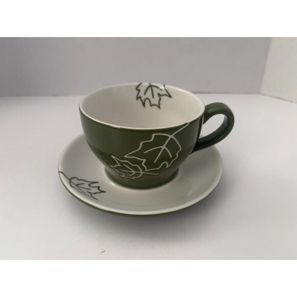 2007 Starbucks Green And White Embossed LEAF Tea CUP & SAUCER Coffee Mug 10 oz - Picture 1 of 7